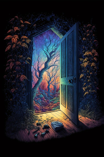 Painting of an open door in a dark room generative ai