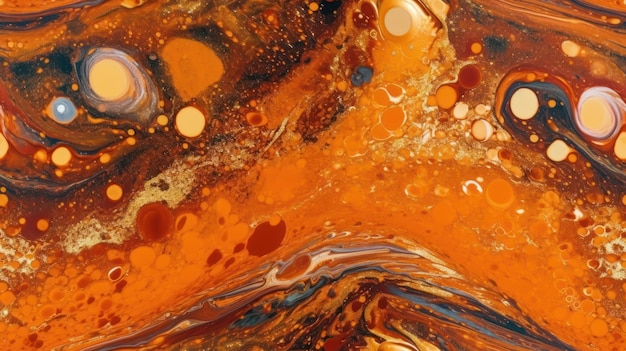 A painting of orange and black liquid with the word orange on it