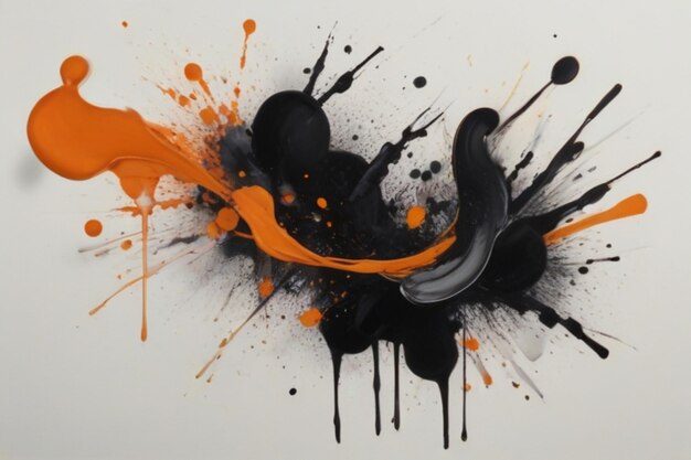 a painting of orange and black paint with orange splashes on it