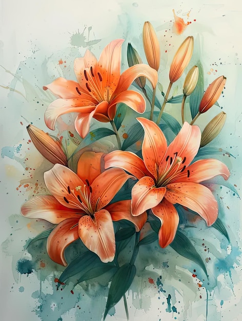 A painting of orange flowers on a blue background