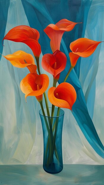 painting of orange flowers in a blue vase on a table generative ai