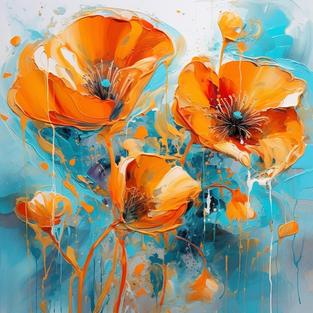 A painting of orange flowers with blue and orange paint