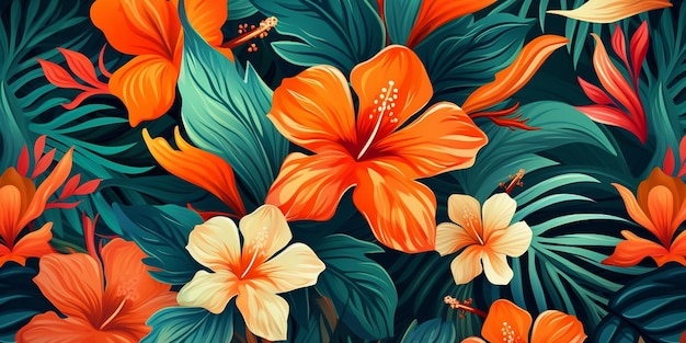 A painting of orange flowers with orange and green leaves.