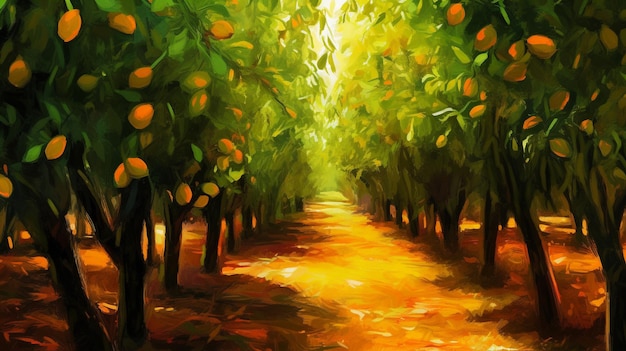 A painting of an orange grove with the sun shining on it.
