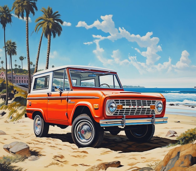 painting of an orange jeep parked on a beach near the ocean generative ai