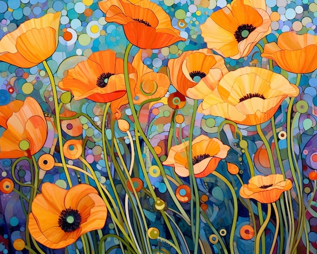 Painting of orange poppies in a field of blue and green circles generative ai