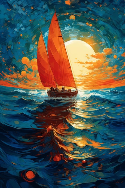 A painting of an orange sailboat in water