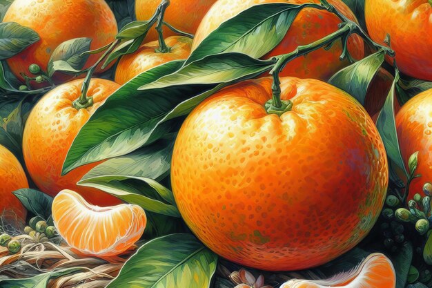 写真 1つのオレンジを半分に切ったオレンジと葉を描く