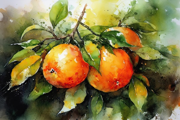 A painting of oranges on a branch with green leaves.