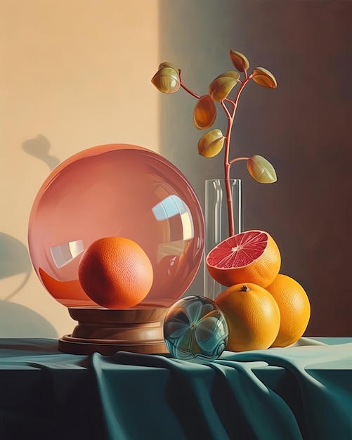 Photo a painting of oranges and a glass bowl with a plant in it.