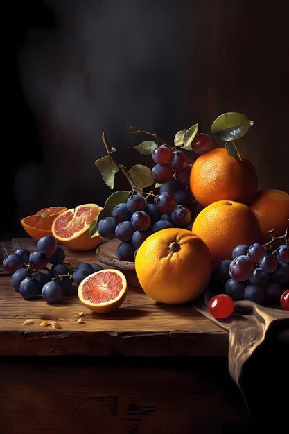 A painting of oranges, grapes, and grapes on a wooden table.