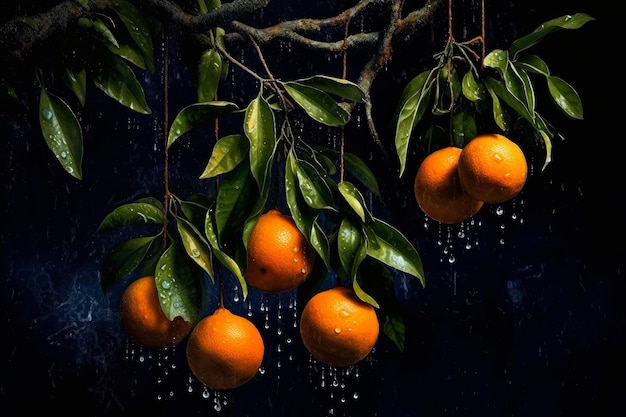A painting of oranges hanging from a tree with water drops on them.