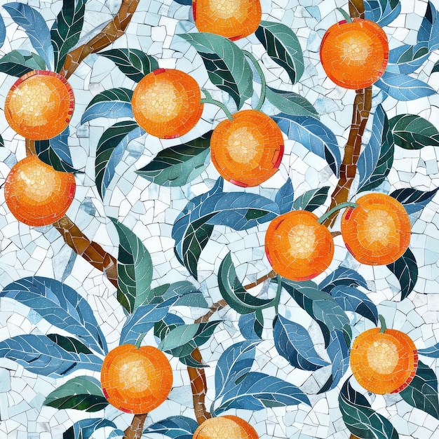a painting of oranges and leaves with a tree branch