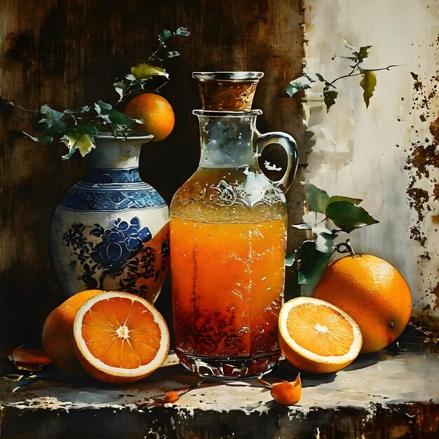 Photo a painting of oranges and a vase with the words grati on it