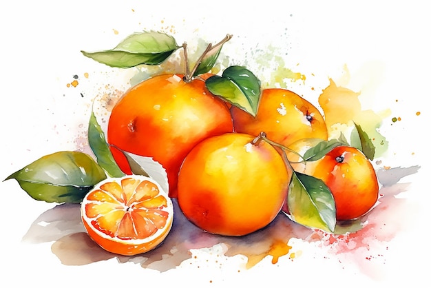 A painting of oranges with green leaves