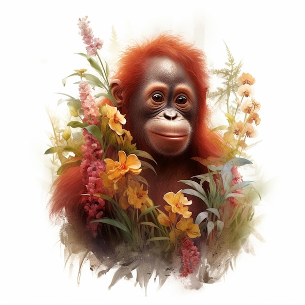 A painting of a orangutan with flowers and leaves.