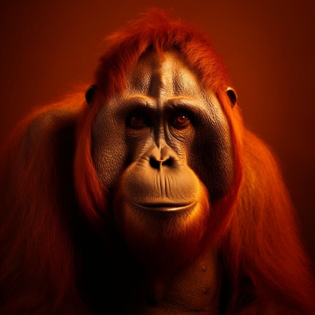 A painting of a orangutan with a red background.