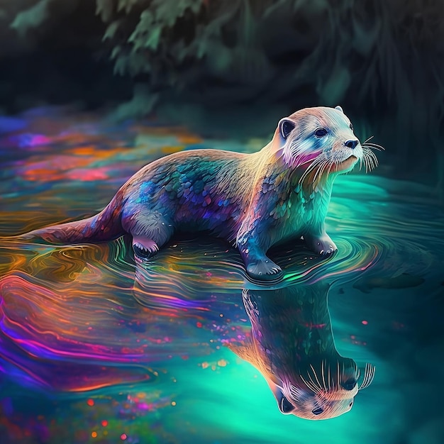 A painting of an otter in a pond with the reflection of the sky.