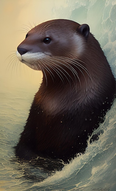 A painting of an otter in the water