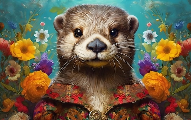 A painting of a otter with flowers on it