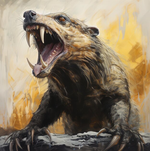 A painting of an otter with the mouth open.