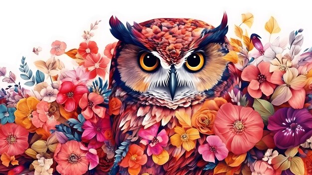 A painting of an owl in a flowery forest