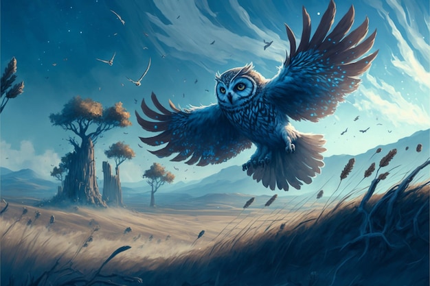 painting of an owl flying over a field with trees and birds generative ai