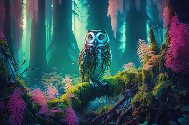 A painting of a owl in a forest