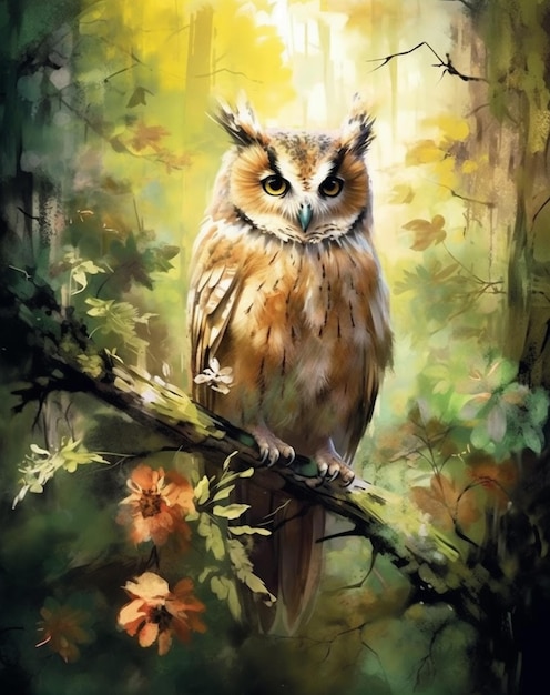 A painting of an owl in the forest