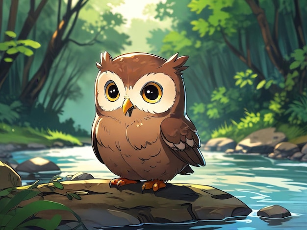 a painting of an owl on a rock in a forest