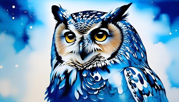 A painting of an owl in shades of blue and white with a winter scene in the background