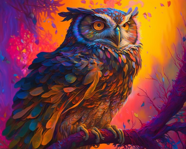 Painting of an owl sitting on a branch in a colorful forest generative ai