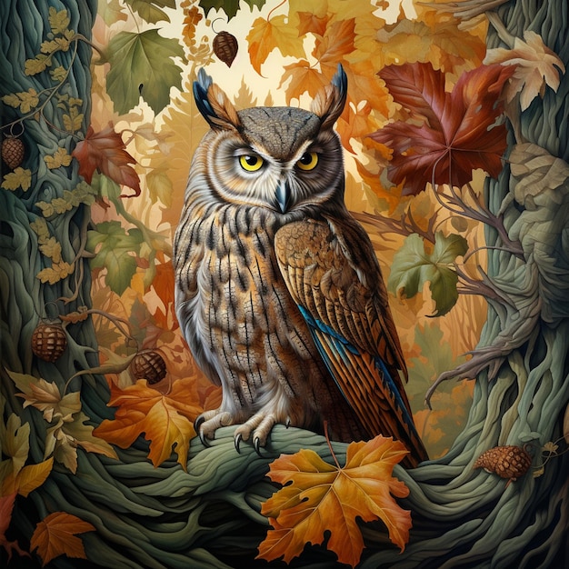 Картина совы, сидящей на ветке в лесу