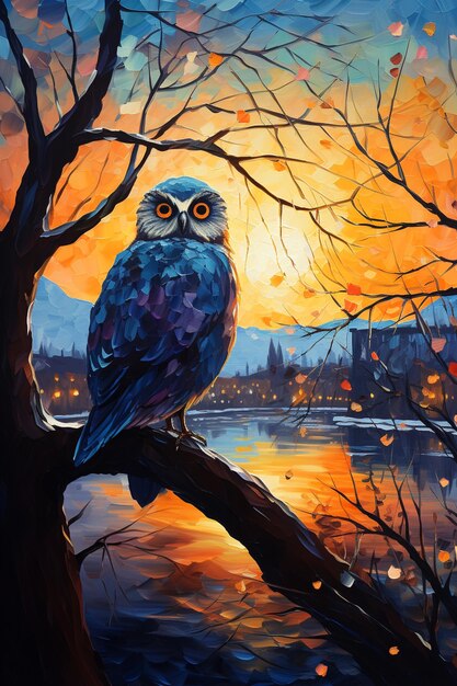 Painting of an owl sitting on a branch in front of a sunset generative ai