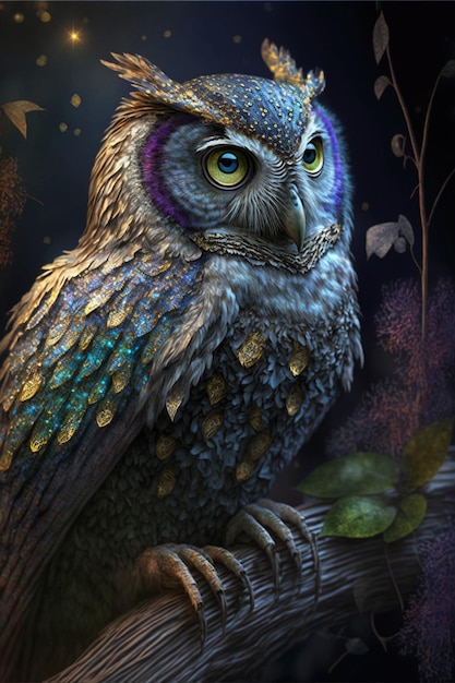 Painting of an owl sitting on a branch generative ai