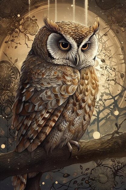 A painting of a owl sitting on a branch.
