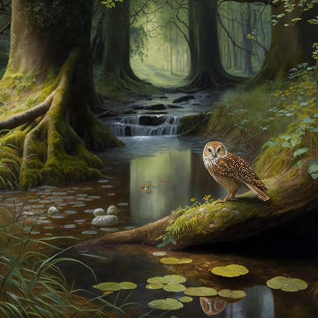 Photo painting of a owl sitting on a log in a forest generative ai