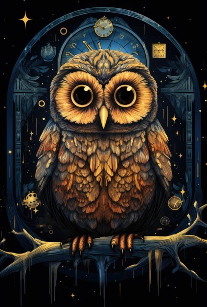 Photo a painting of an owl sitting on a tree branch ai