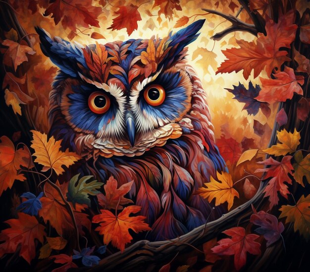 Painting of an owl sitting in a tree with leaves on it generative ai