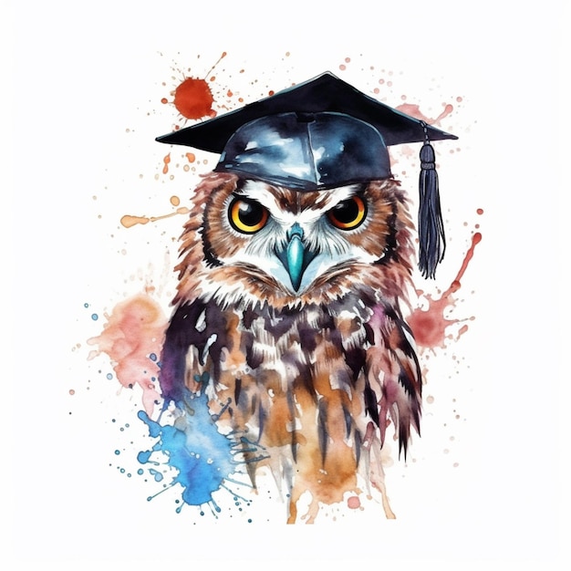 Painting of an owl wearing a graduation cap and gown generative ai
