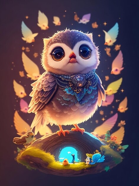 Photo a painting of an owl with a blue collar and big eyes.