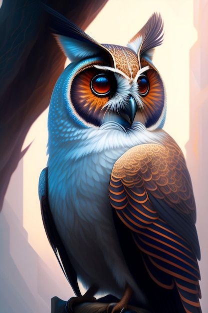 A painting of a owl with a blue and orange eyes.