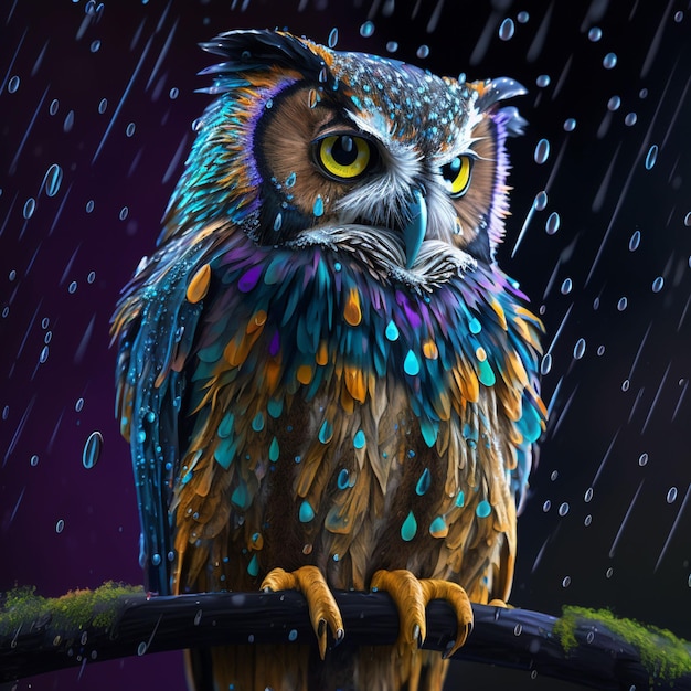 A painting of an owl with colorful feathers and the raindrops on it.