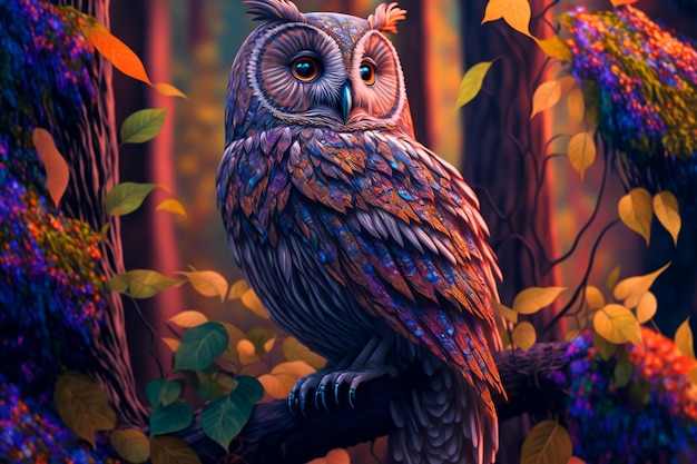 A painting of an owl with colorful feathers sits on a branch.