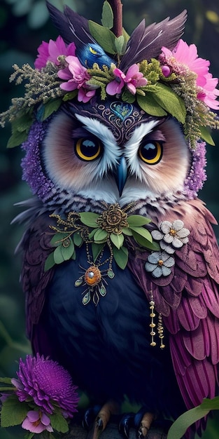 A painting of an owl with a crown of leaves and flowers on it