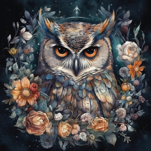 A painting of an owl with flowers and the words owl on it.