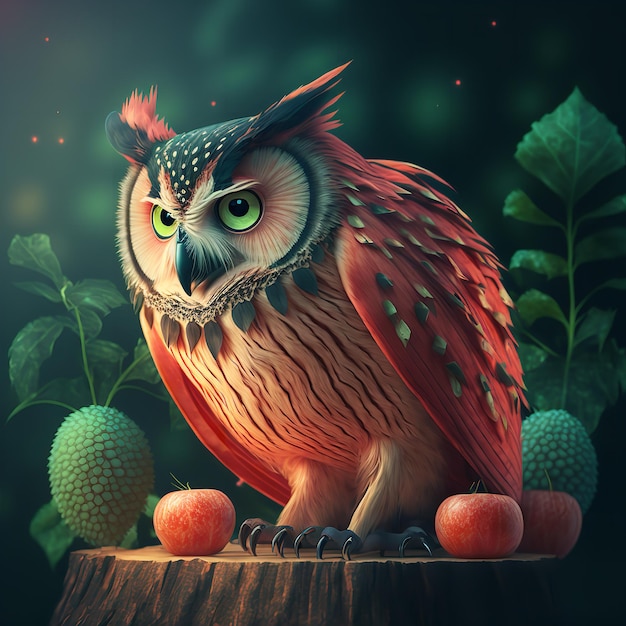 A painting of an owl with green eyes and a red and white face.