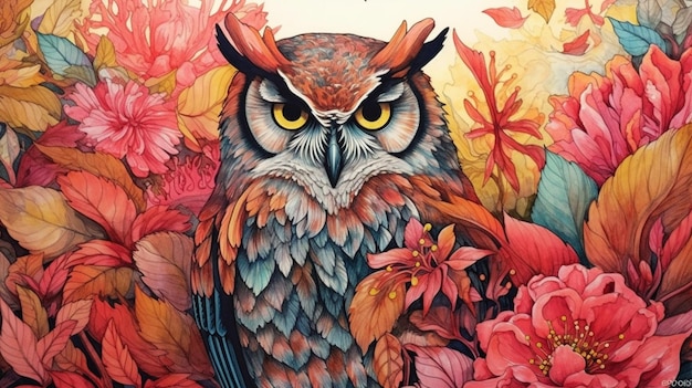 A painting of an owl with a pink flower background.