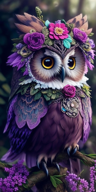 A painting of an owl with purple and gold eyes