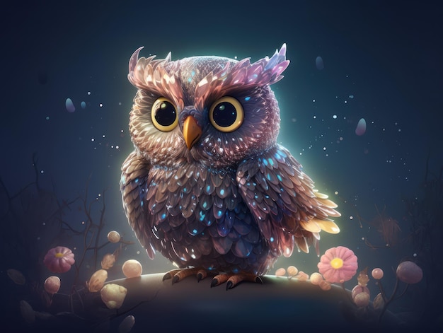 A painting of a owl with yellow eyes sits on a branch.